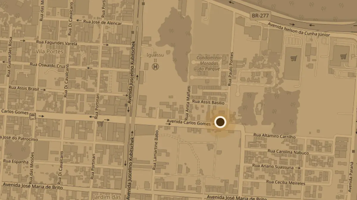 Mapa mostrando a localização do consultório na Av. Carlos Gomes, 1435, em Foz do Iguaçu
